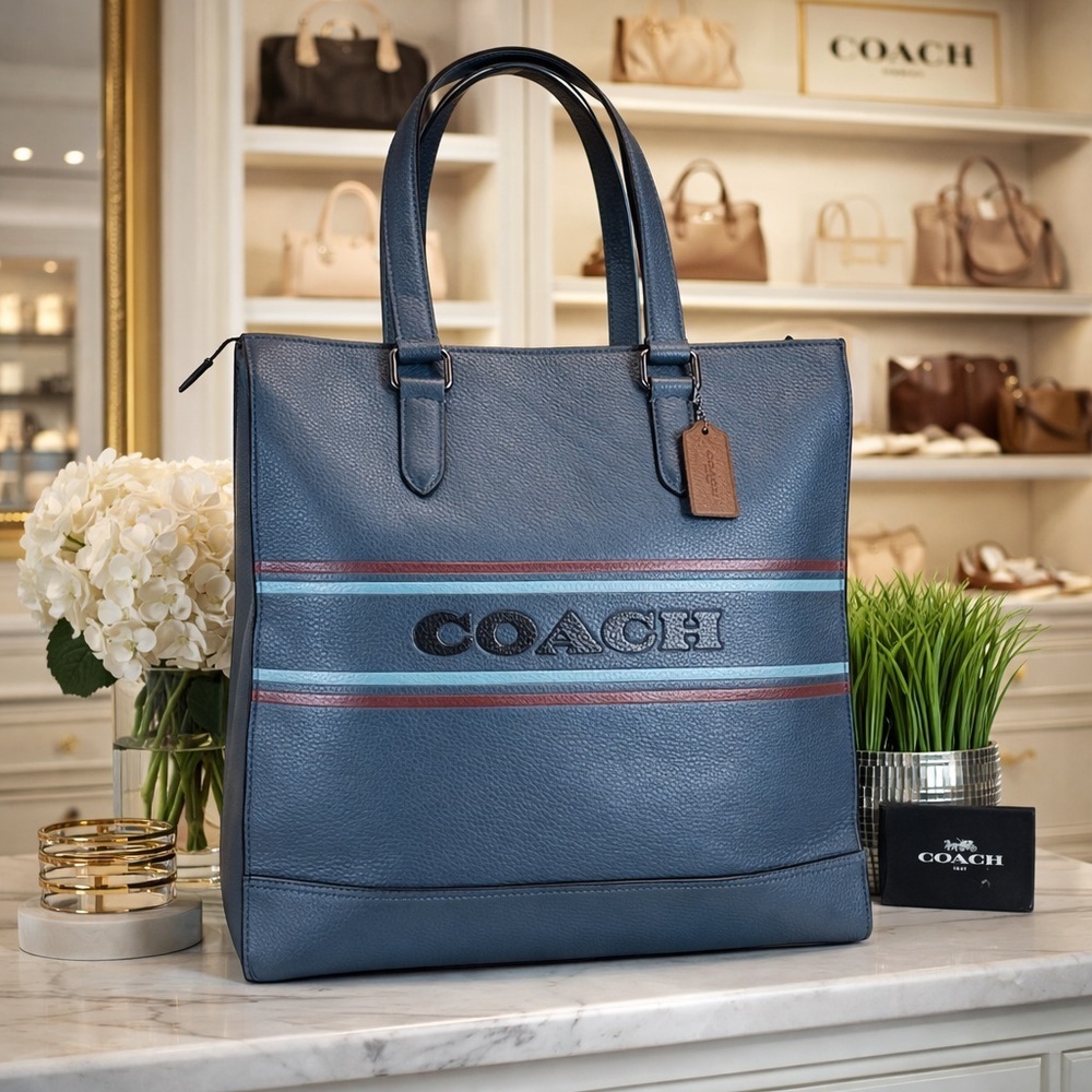Coach Unisex Graham Stripe Blue‎ Leather Large Tote Shoulder Bag Work Laptop